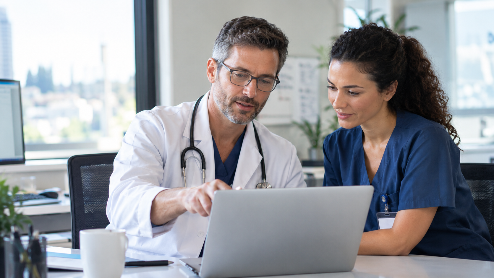 A doctor and a nurse reviewing a patient’s diary together on a laptop