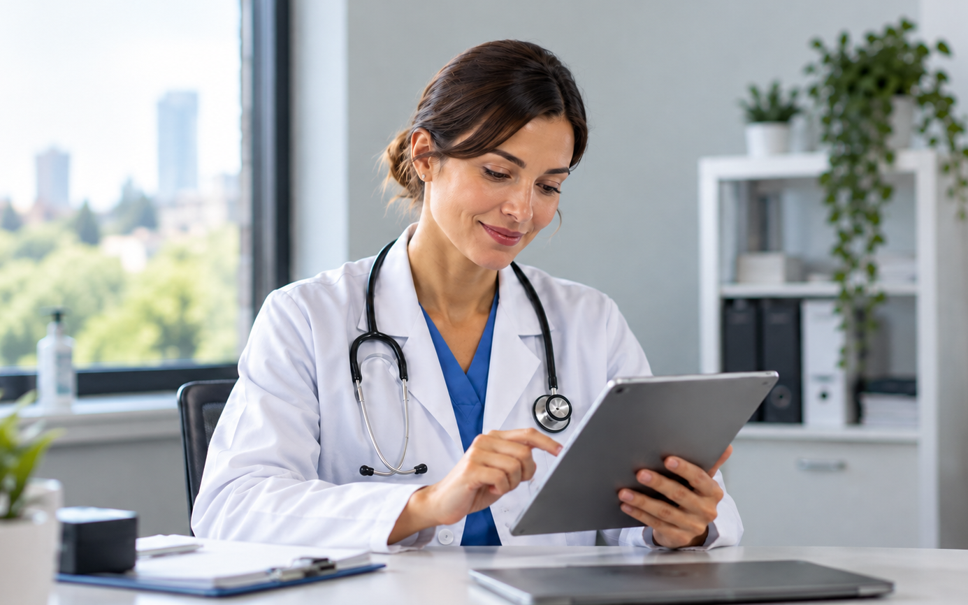 A doctor reviewing her diary on a tablet