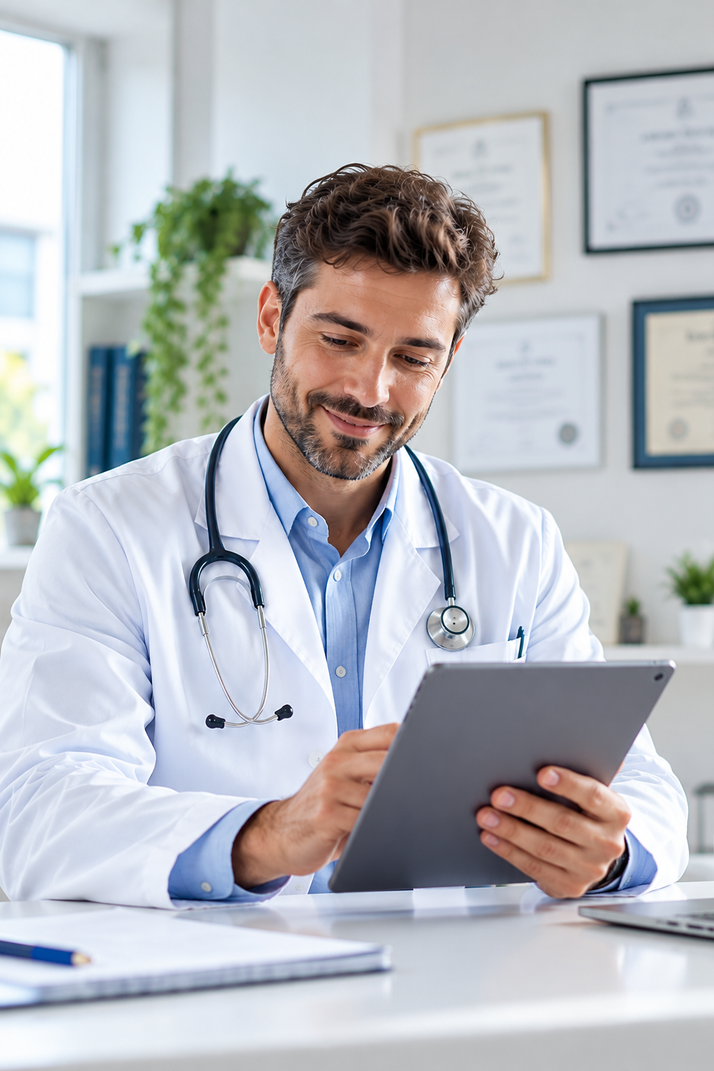 A doctor smiling as he reviews his diary on a tablet