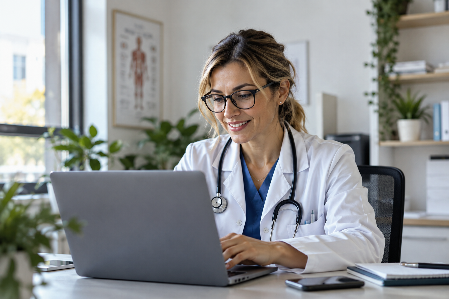 A doctor smiling as she works at her laptop