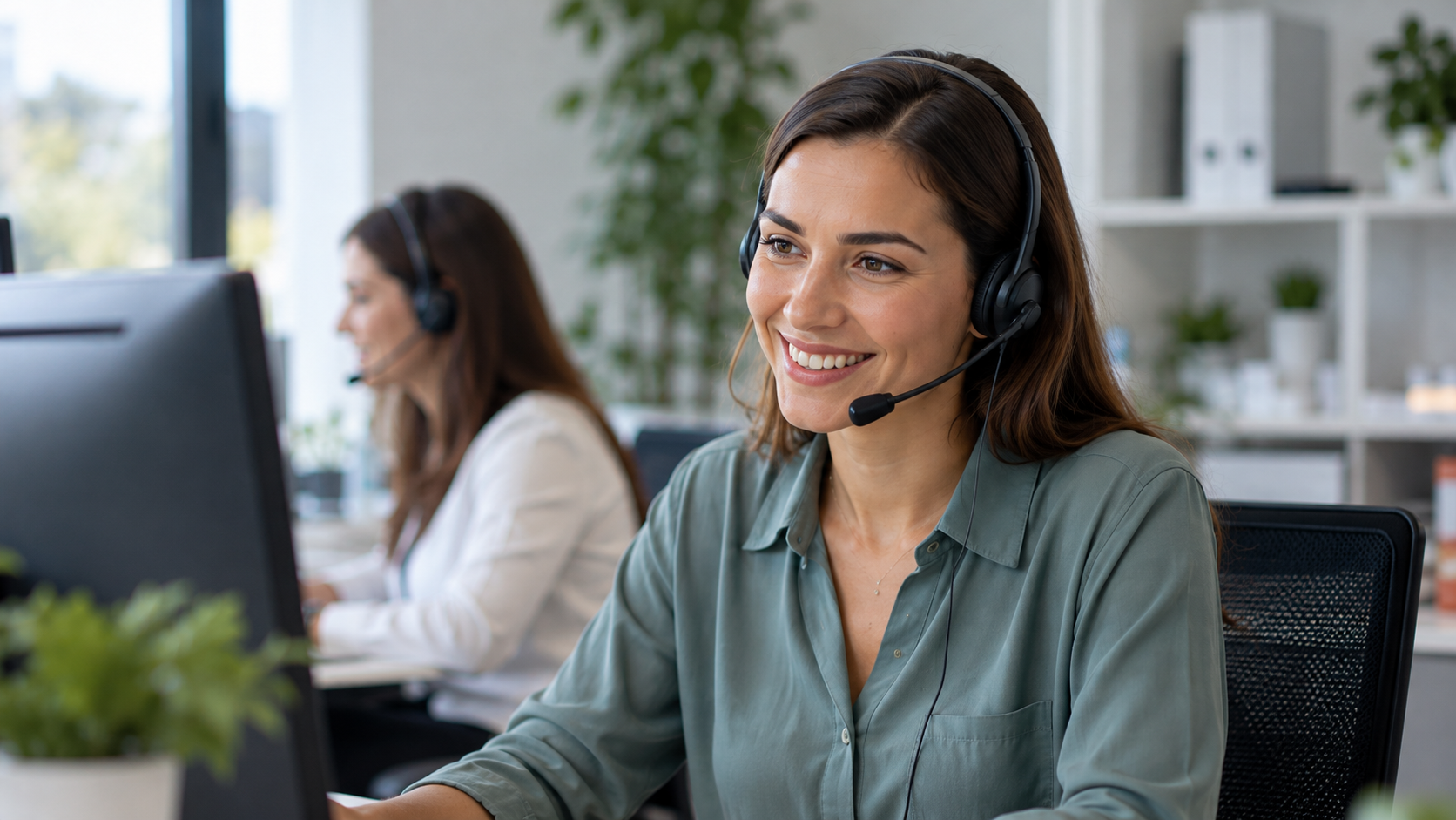 A smiling member of the HealthHub support team wearing a headset